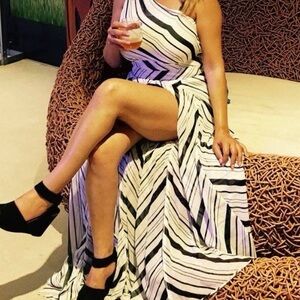 New York & Company Black and White One-Shoulder Dress